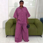 Plaid Polo Shirt and Wide-Leg Trousers Set