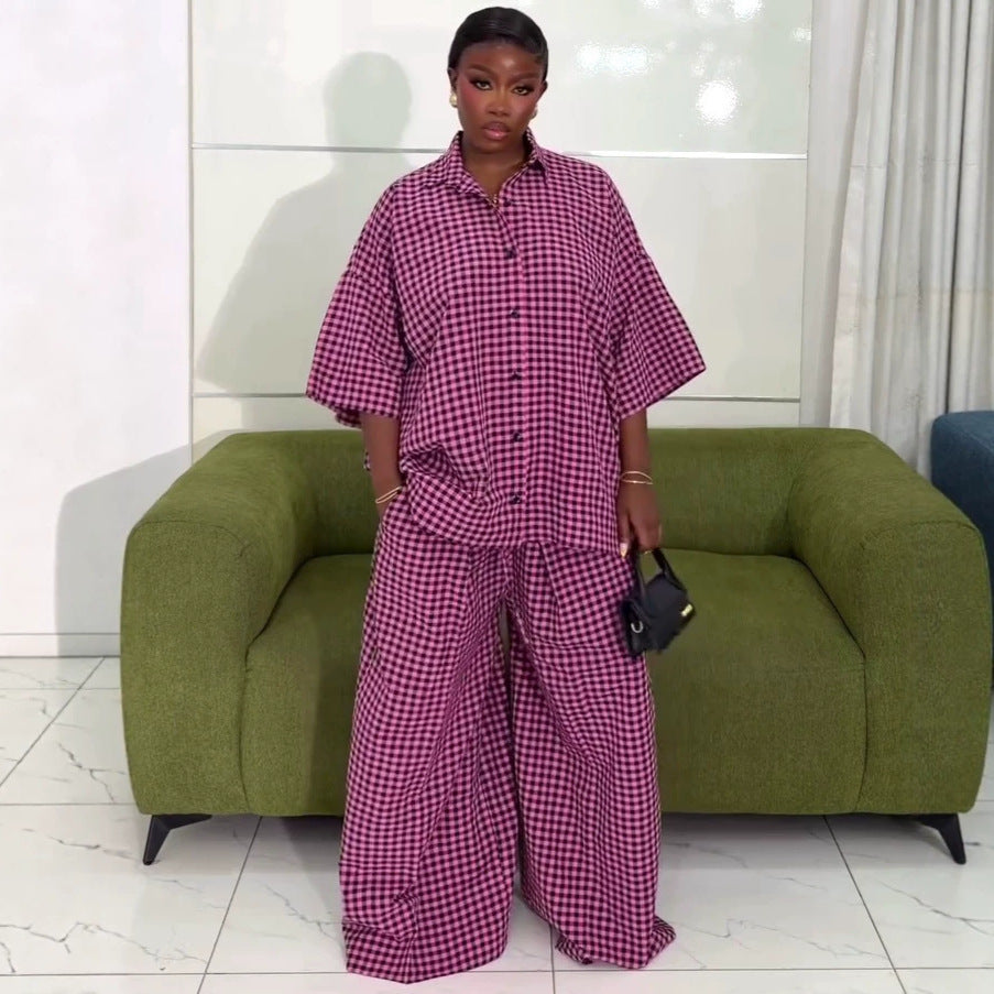 Plaid Polo Shirt and Wide-Leg Trousers Set