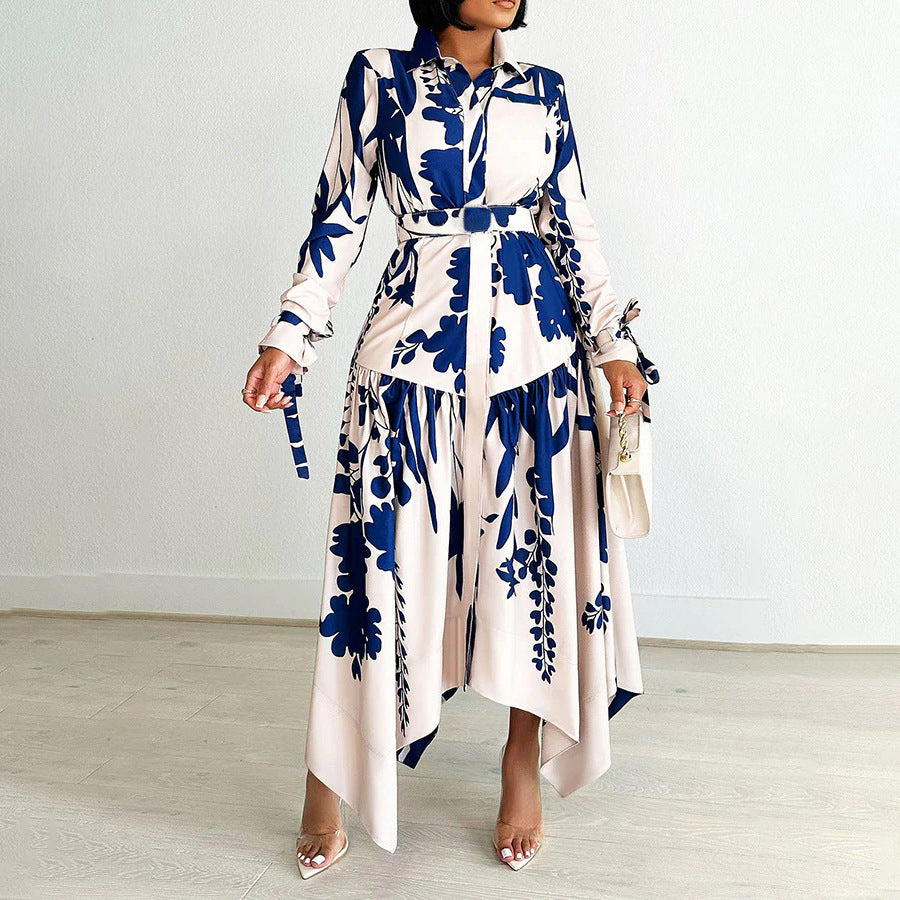 Collared Long-Sleeve Tied Irregular Asymmetric Pattern Print Dress
