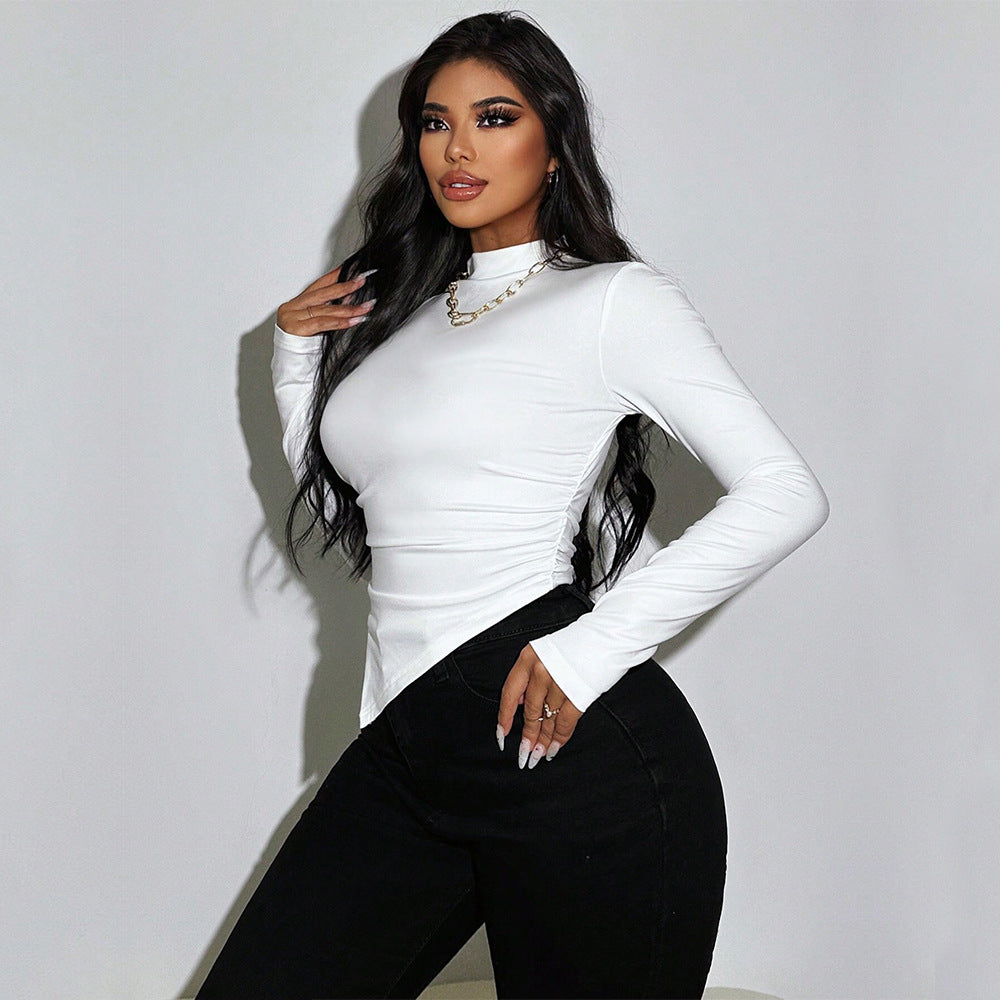 Women’s White Ruched Mock Neck Long Sleeve Top
