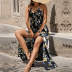 Women's Black Backless Split A-Line Maxi Dress