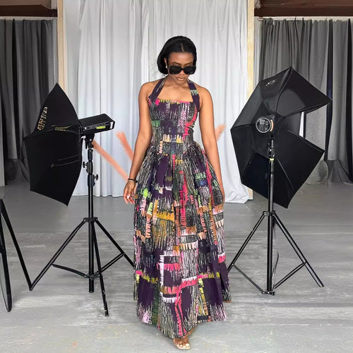 Printed Halter Waist Trimming Loose Large Swing Dress