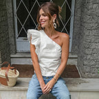 Women's White One-Shoulder Ruffle Top