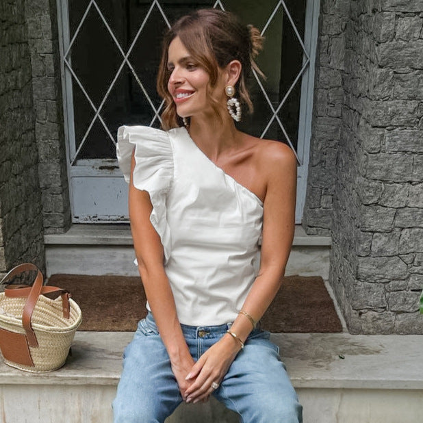 Women's White One-Shoulder Ruffle Top