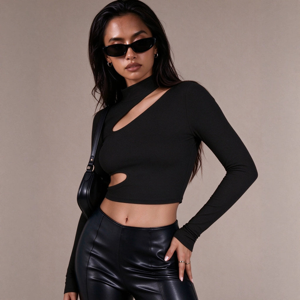 Women's Autumn Half High Collar Pairs Hollow Out Cutout Long-Sleeve T Shirt Slim Fit Slimming Short Top