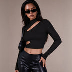 Women's Autumn Half High Collar Pairs Hollow Out Cutout Long-Sleeve T Shirt Slim Fit Slimming Short Top