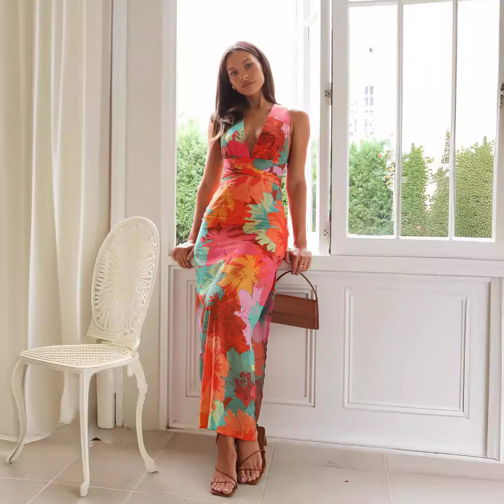 Women's Floral V-Neck Backless Maxi Dress