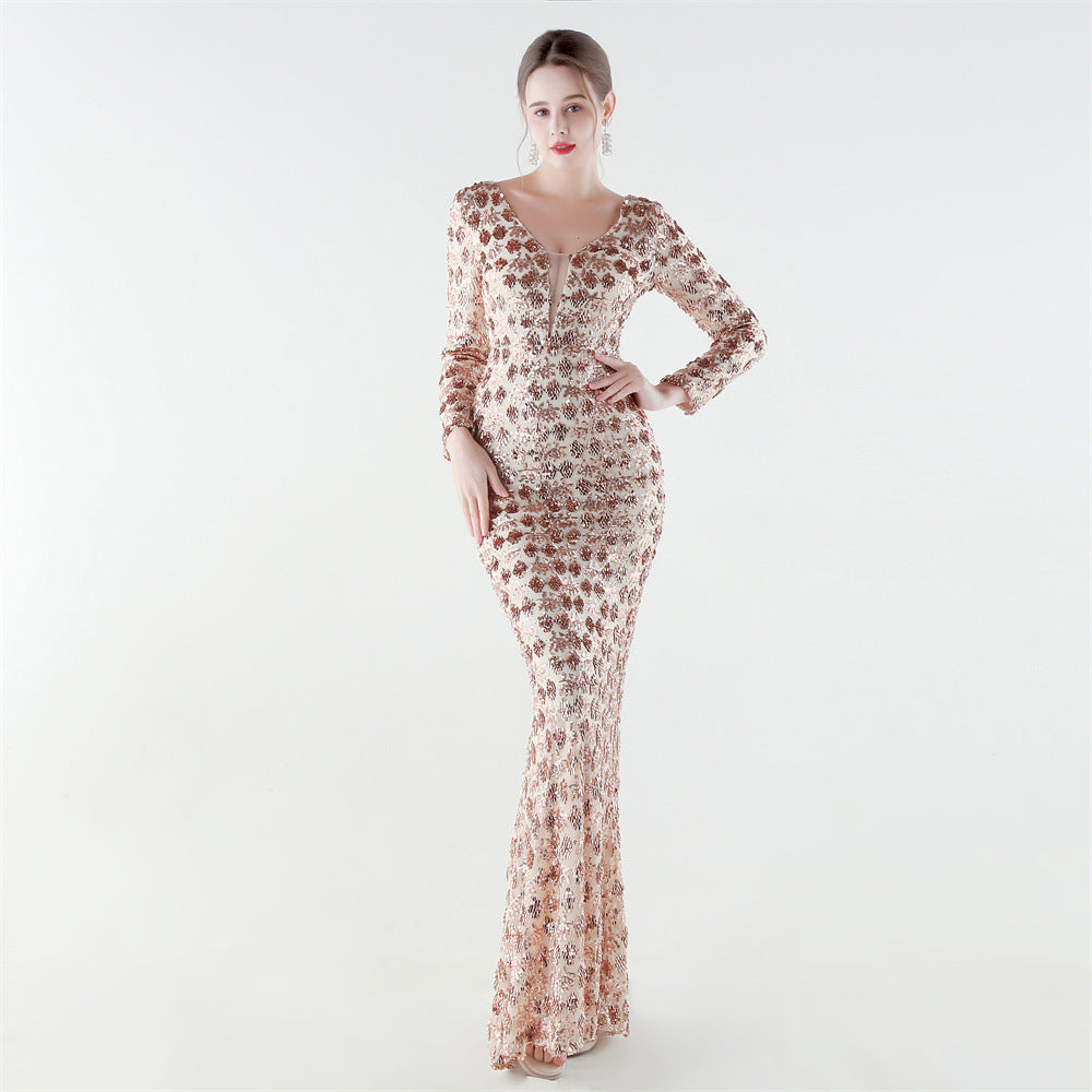 Women's Embellished Sequin V Neck Fishtail Evening Dress Elegant Luxury Cocktail