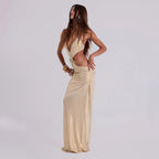 Women's Rhinestone Halter Backless Cutout Maxi Dress