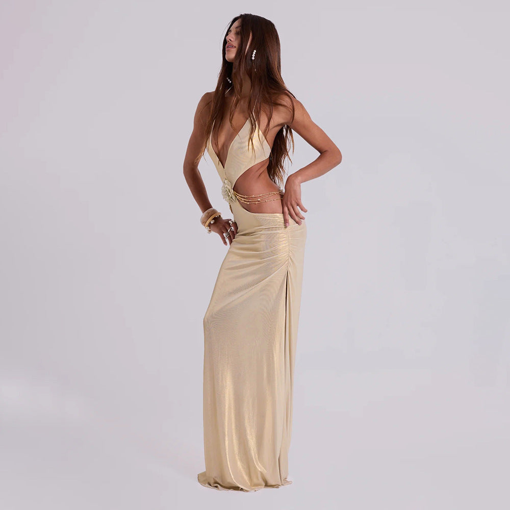 Women's Rhinestone Halter Backless Cutout Maxi Dress