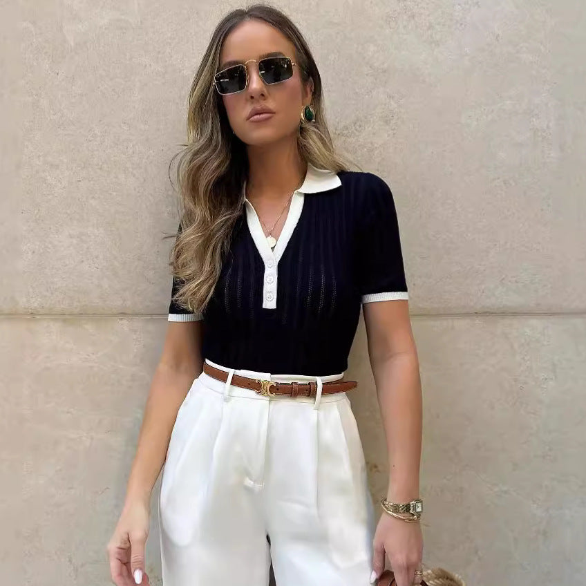 Women's Summer Women Clothing Polo Collar V Neck Slimming Color Contrast Patchwork Knitted Top For Women
