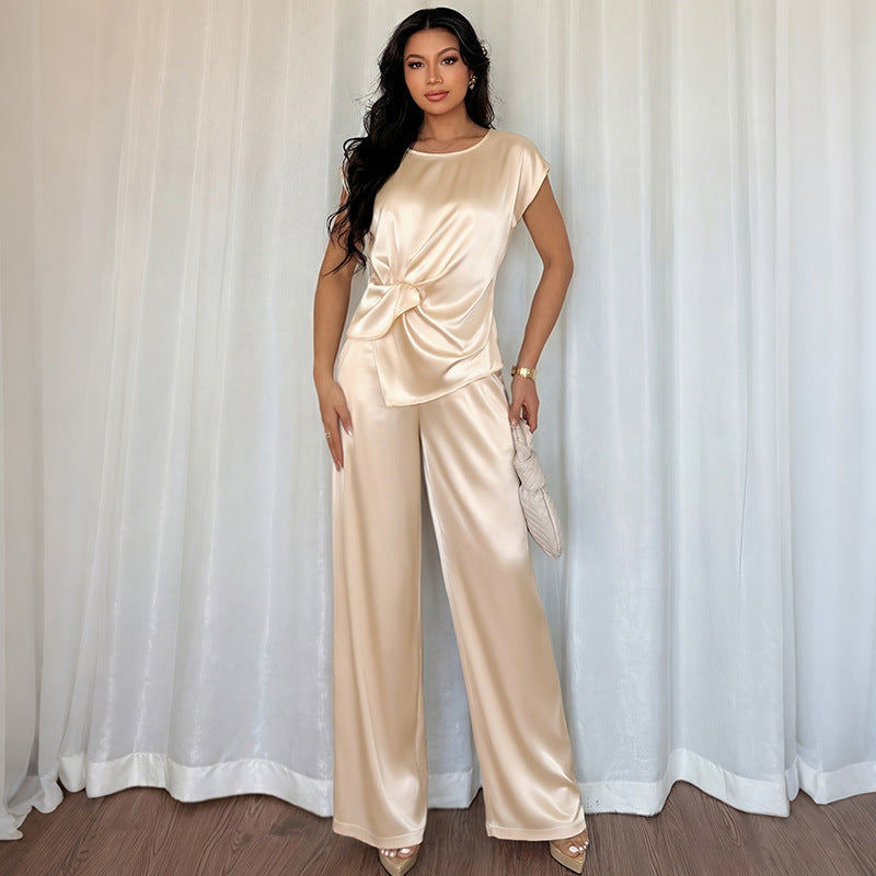 Light Luxury Office Satin Twisted round Neck Top Wide Leg Pants Set