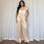 Light Luxury Office Satin Twisted round Neck Top Wide Leg Pants Set