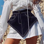Women Clothing Autumn Solid Color Denim Slim Fit Temperamental Decorative Pocket Waist Shaping