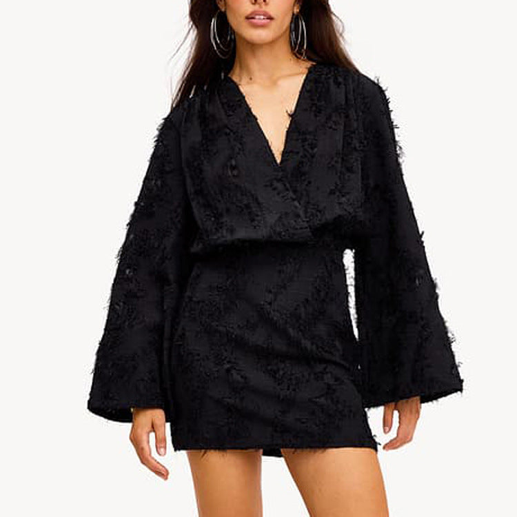 V-Neck Jacquard Long Sleeve Mini Dress