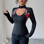 Women's Embroidered V-Neck Long Sleeve Top