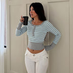 French Casual Striped Contrast Color Round Neck Breasted Waist Controlled