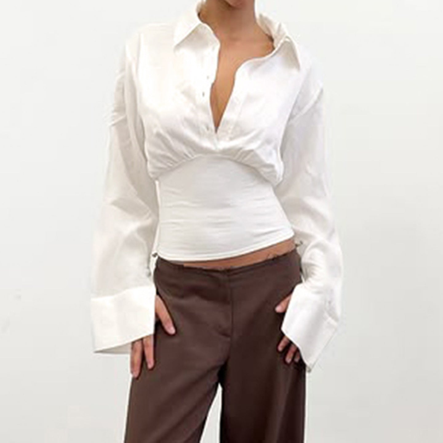 White Fitted Collared Long Sleeve Shirt