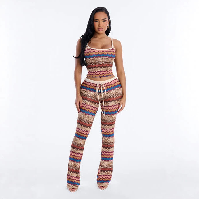 Fall Rainbow Color Cropped Camisole High Waist Contrast Trousers Two-Piece Set