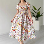 Floral Puff Sleeve Belted A-Line Midi Dress
