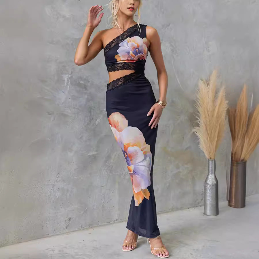 Women's Black One-Shoulder Floral Mesh Lace Dress