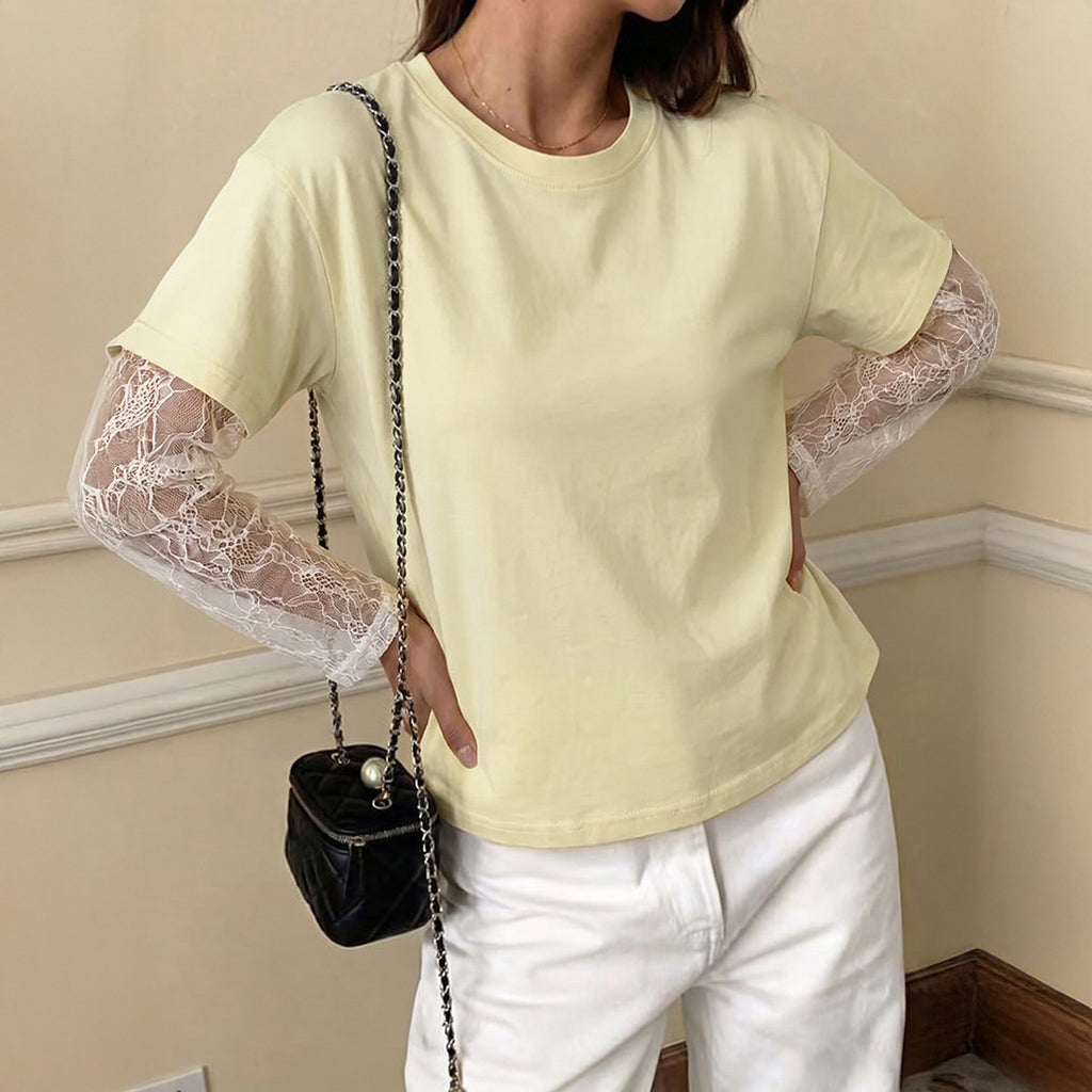 Women's Clothing Autumn Casual Lace Splicing T Shirt Top