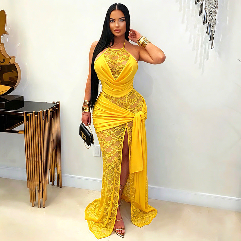 Yellow lace halter dress with draped bust and sheer lace skirt