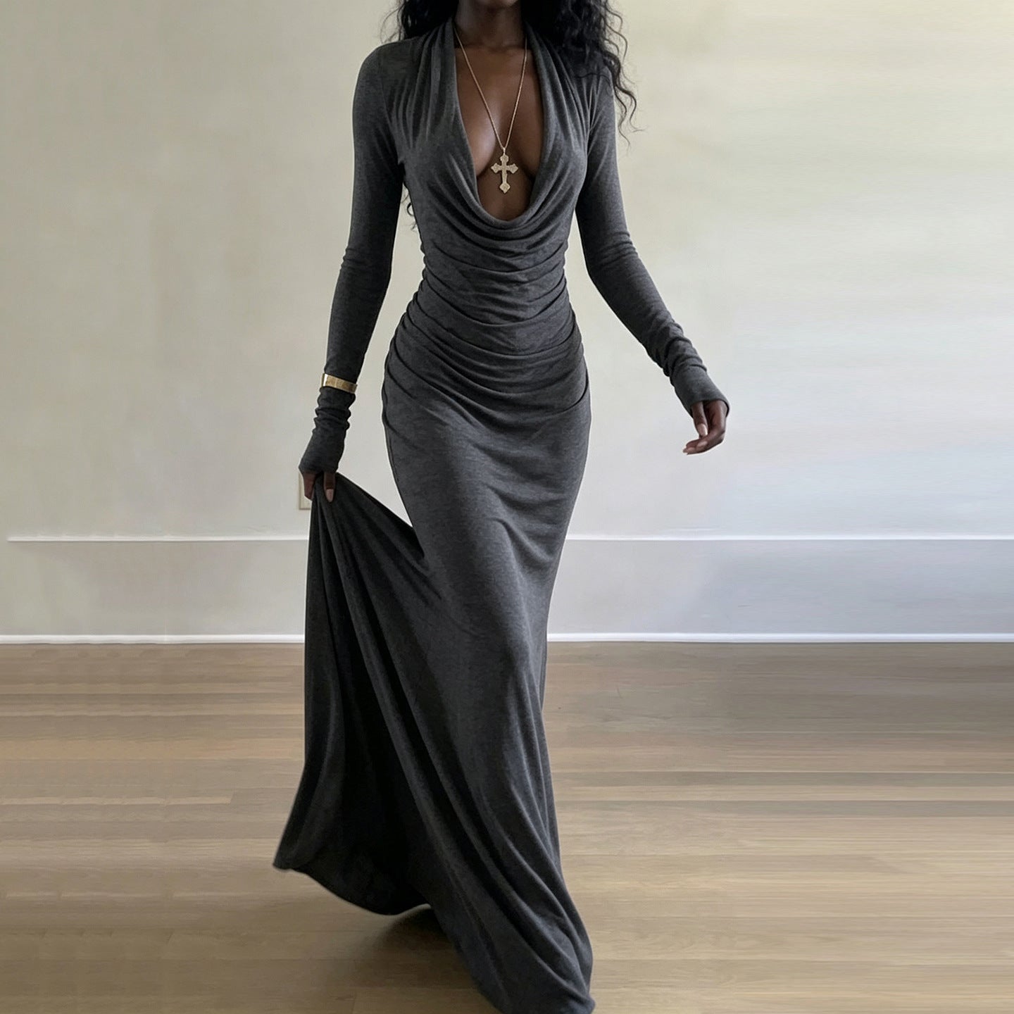 Women's Cowl Neck Ruched Long Sleeve Maxi Dress