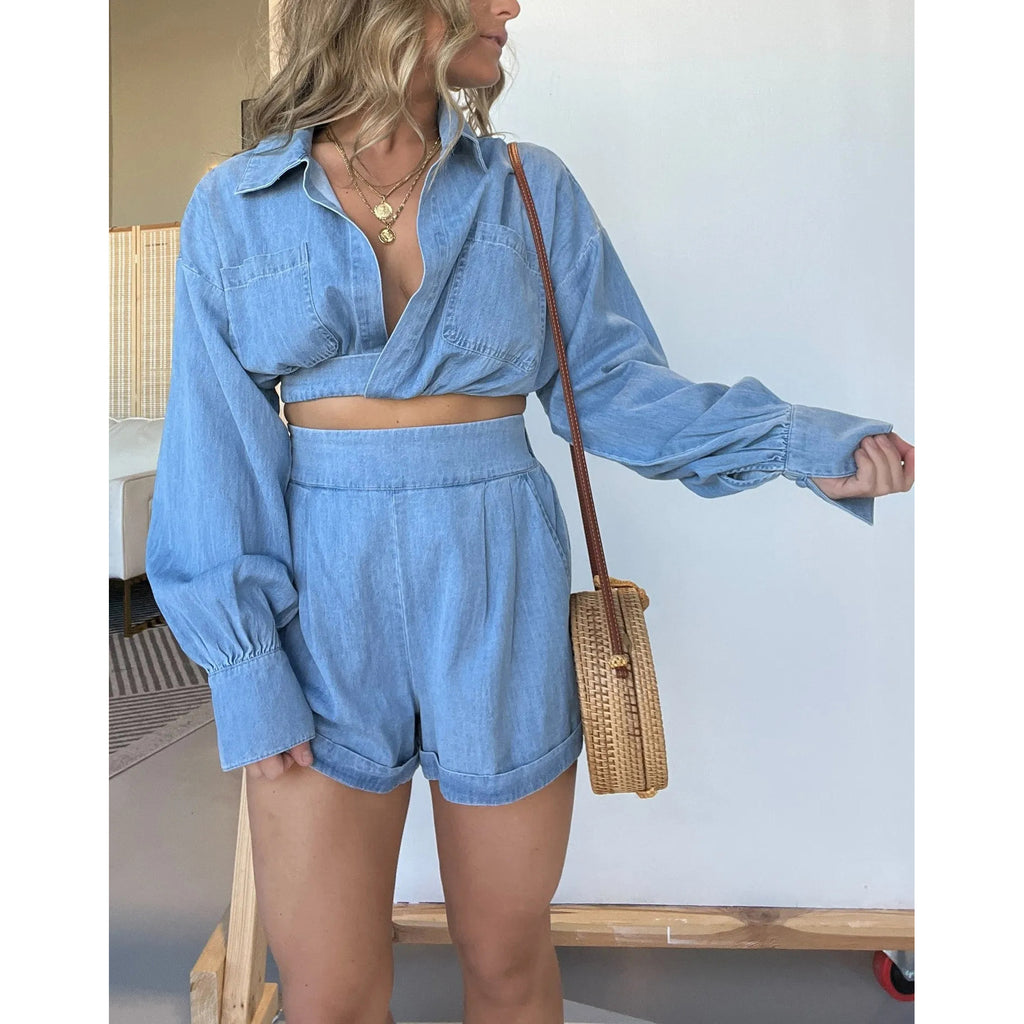Women's Wear Denim Shirt Deep V Plunge Long Sleeve Shorts Sets