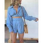 Women's Wear Denim Shirt Deep V Plunge Long Sleeve Shorts Sets