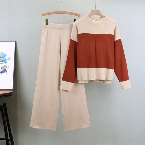 Beige wide-leg trousers with matching knit sweater, rust-and-cream color blocks