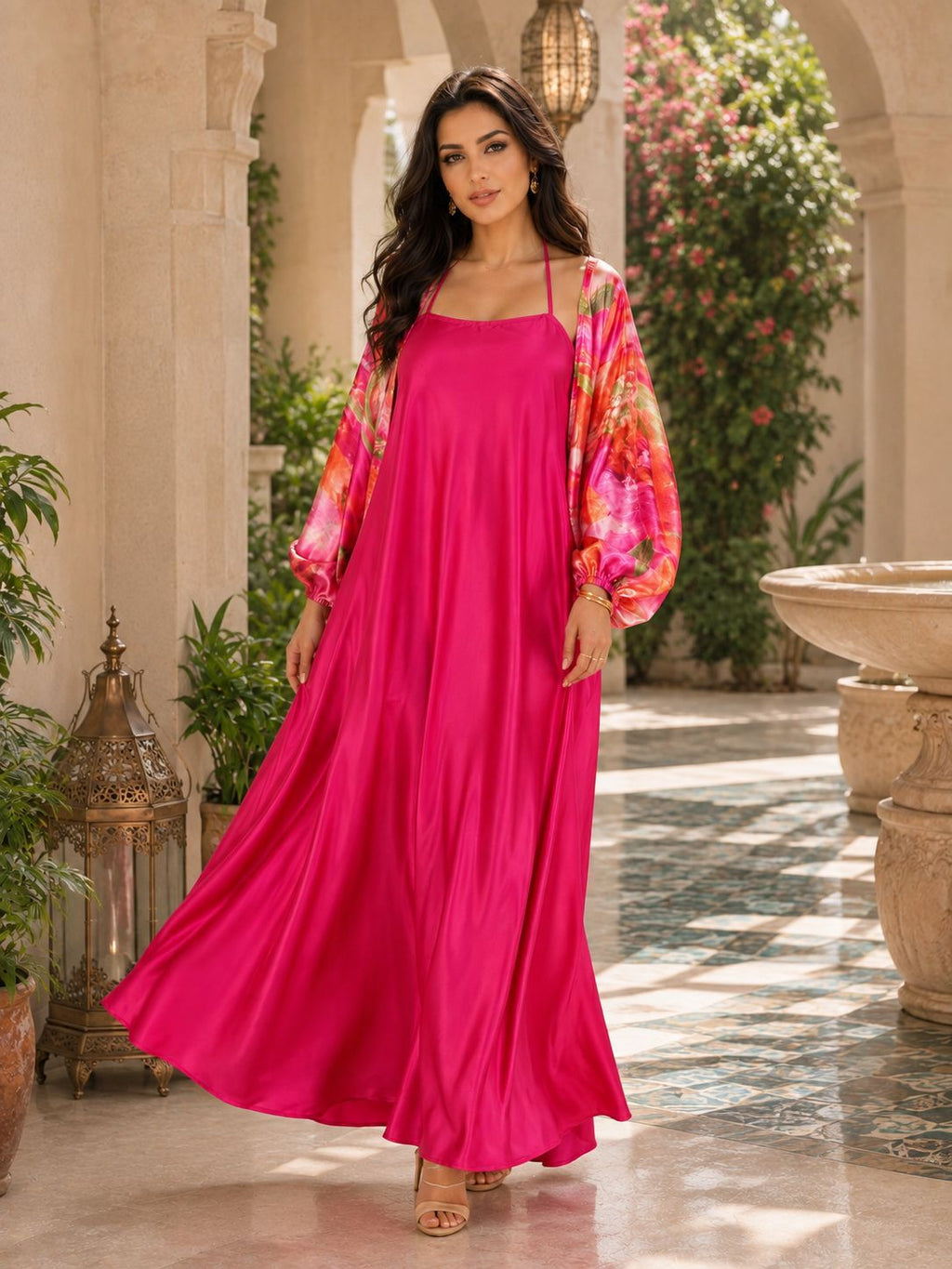 Women's Coral Red Floral Halter Maxi Dress