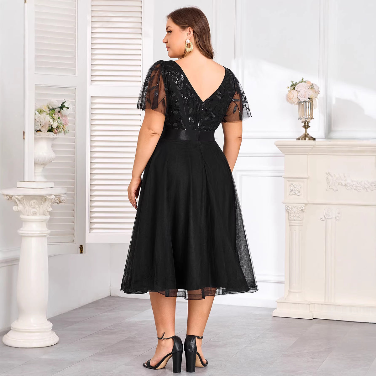 Women's Plus Size Double V neck Stretch Waist Short Mesh Evening Dress