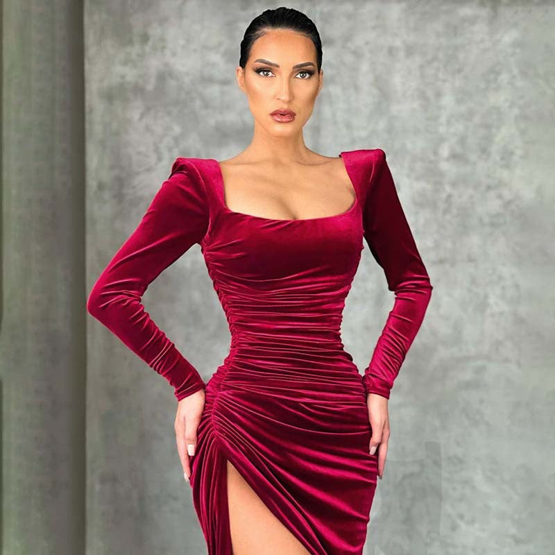 Winter Square Neck Fold High-Waist Tuxedo Dress