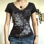 Retro Sexy Dark Printed Lace V neck Top Women Street Sexy