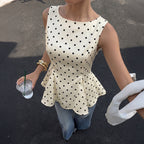 French Vintage Polka Dot Cinched Ruffled SL Shirt for Women