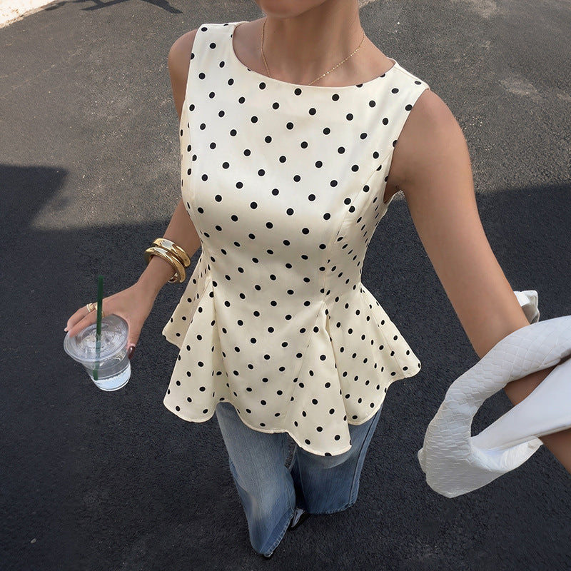 French Vintage Polka Dot Cinched Ruffled SL Shirt for Women
