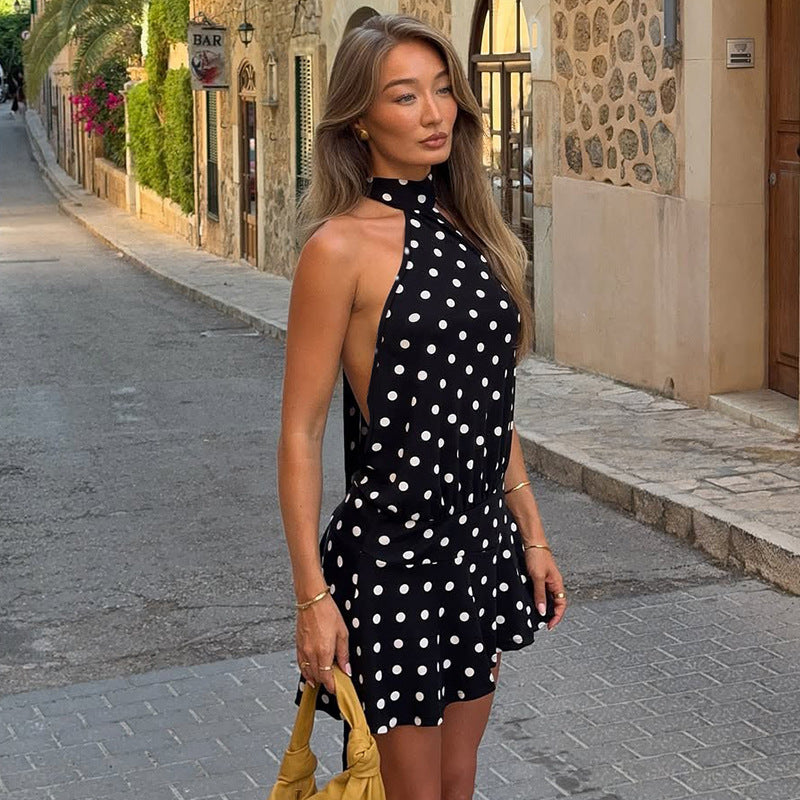 Printed Polka Dot Short Lacing Halter Backless Dress