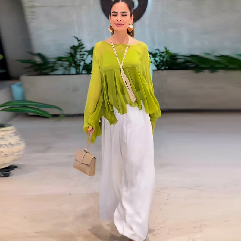 Chiffon Shirt Irregular Asymmetric Dovetail Shawl Two Piece Sets