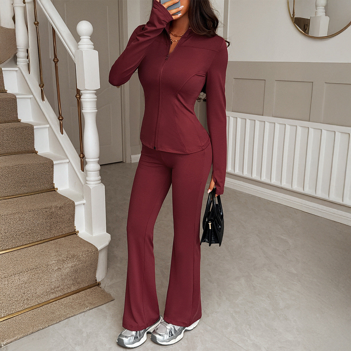 Autumn Winter Sports Zipper T Shirt Yoga Pants Set