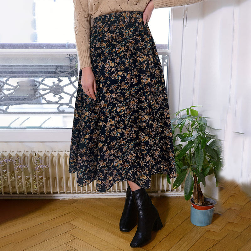 Elastic Waist Print A Line Elegant Floral Pleated Skirt