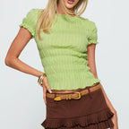 Plaid Pleated Waist Cropped Short Sleeve Top