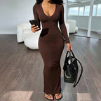 Women's Deep V-Neck Long Sleeve Maxi Dress