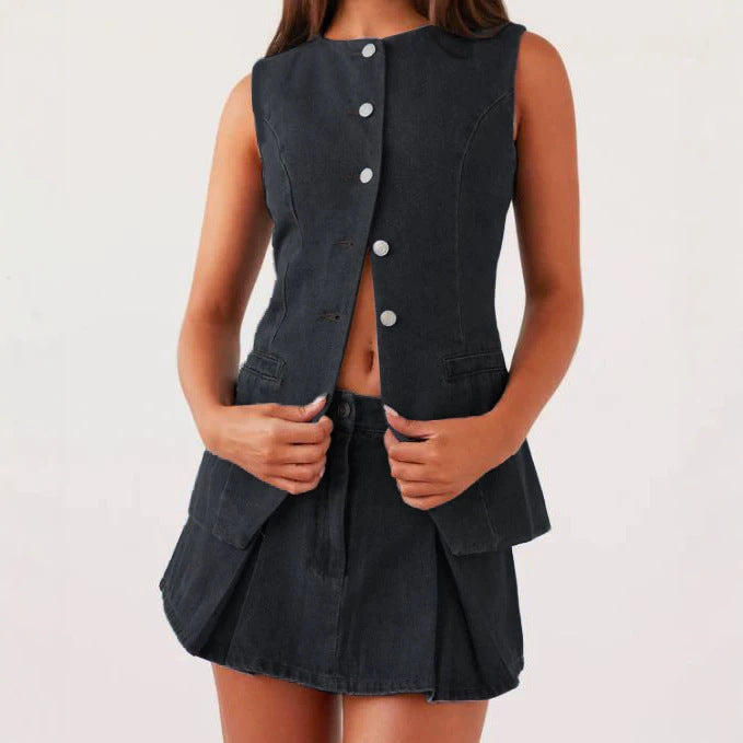 Summer Casual SL HW Women Two Piece Sets Denim Skirt