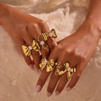 Bowknot Zircon Ring 18K Gold Plating Open Ring Hand Jewelry