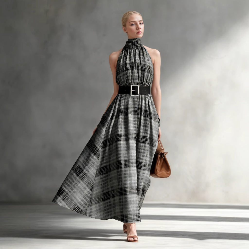 Women's Halter Sleeveless Plaid High Waist Lace Up Waist Dress