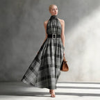 Women's Halter Sleeveless Plaid High Waist Lace Up Waist Dress
