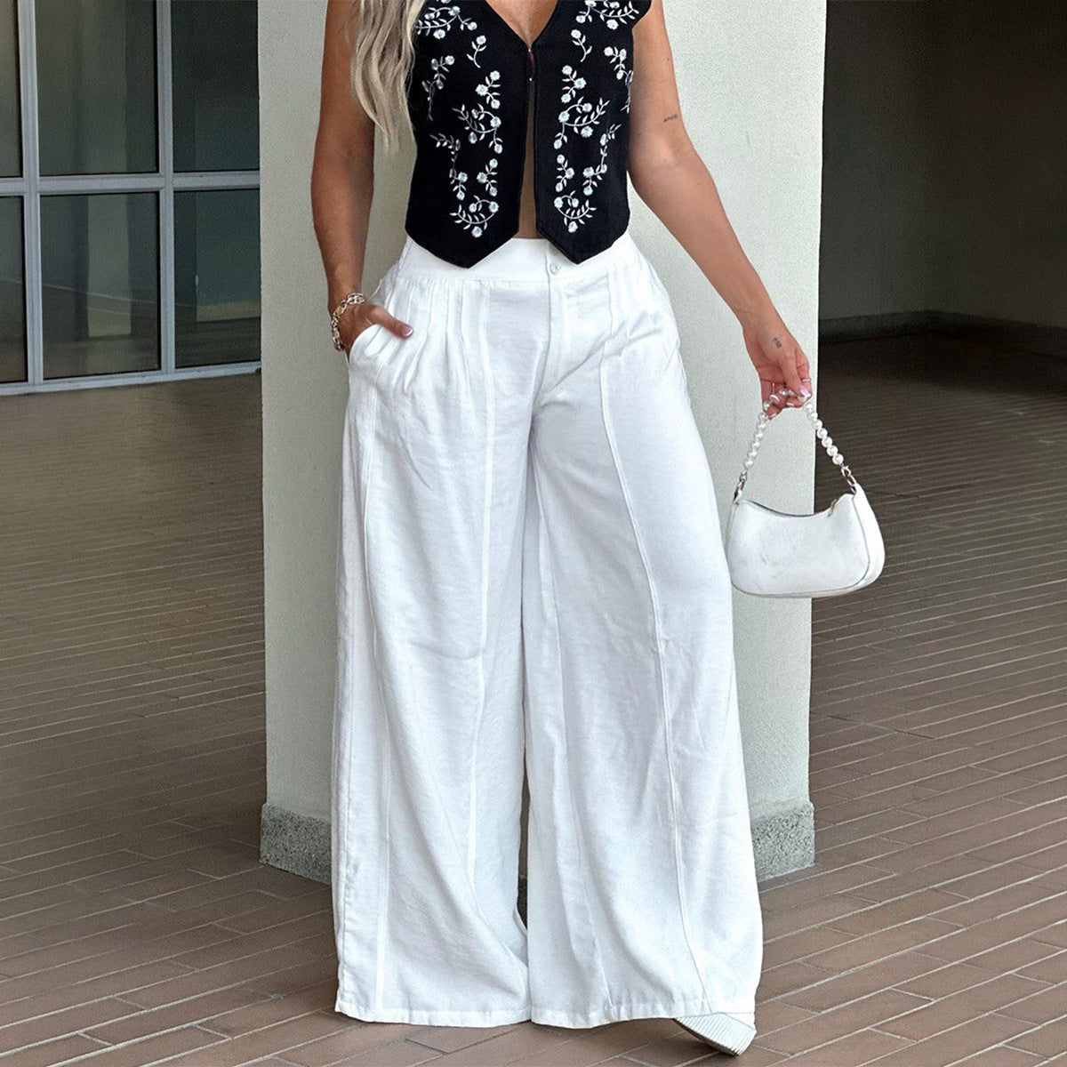 Women's High Waist Linen Blend Straight Leg Pants