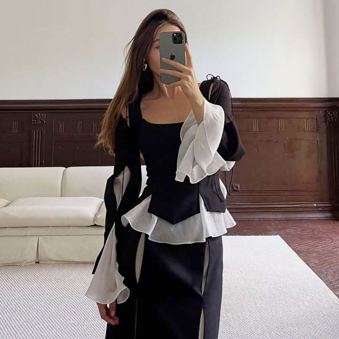 Women's Autumn Winter Women Clothing Cool Contrast Color Slim Fit Sexy Cutout Lace Up Long Sleeve Top Women