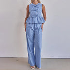 Striped Vest round Neck Bow Sleeveless Top Loose Wide Leg Pants Two Piece Set